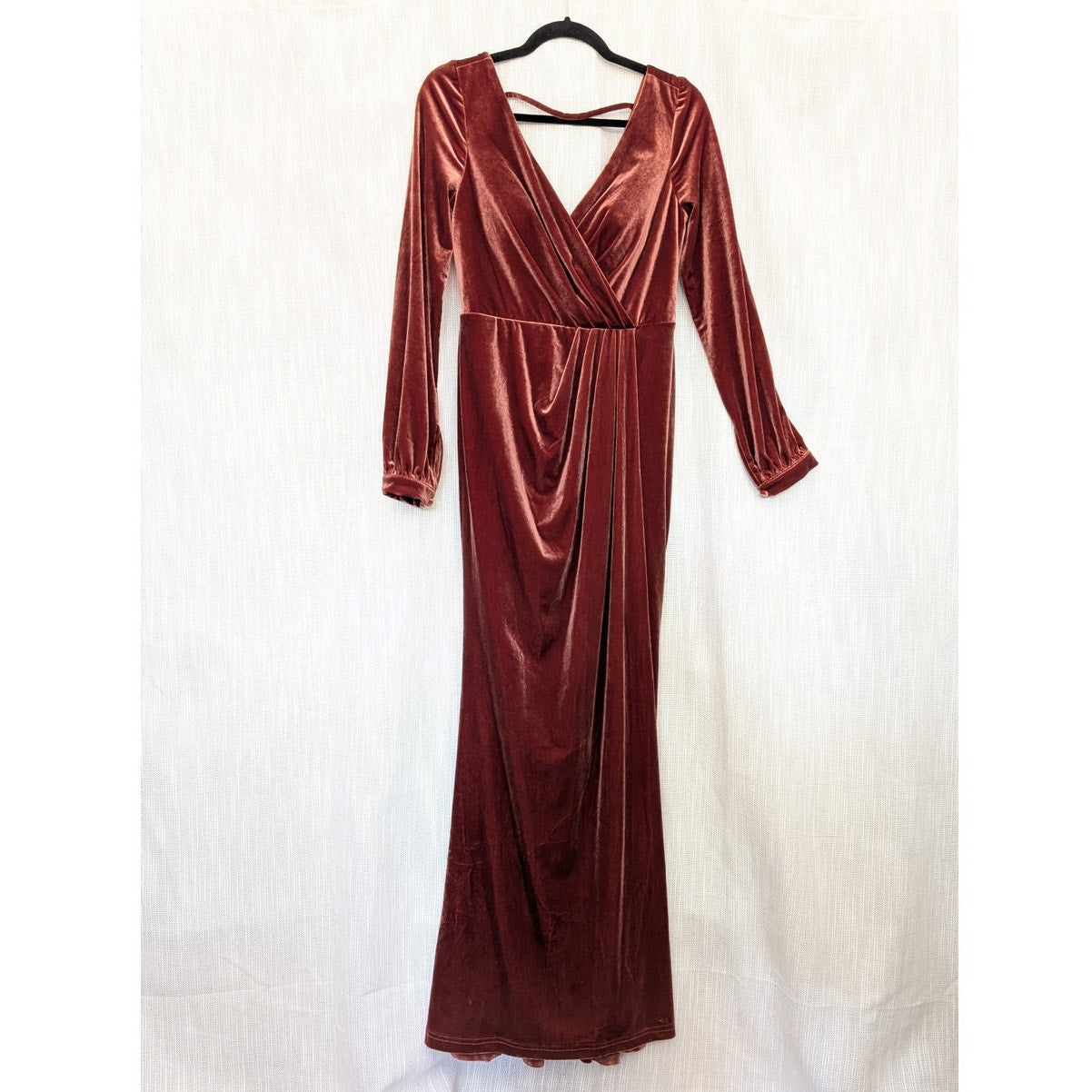 Reverly Vera Velvet V neck Long Sleeve Front Slit Wrap Maxi Dress, size 6