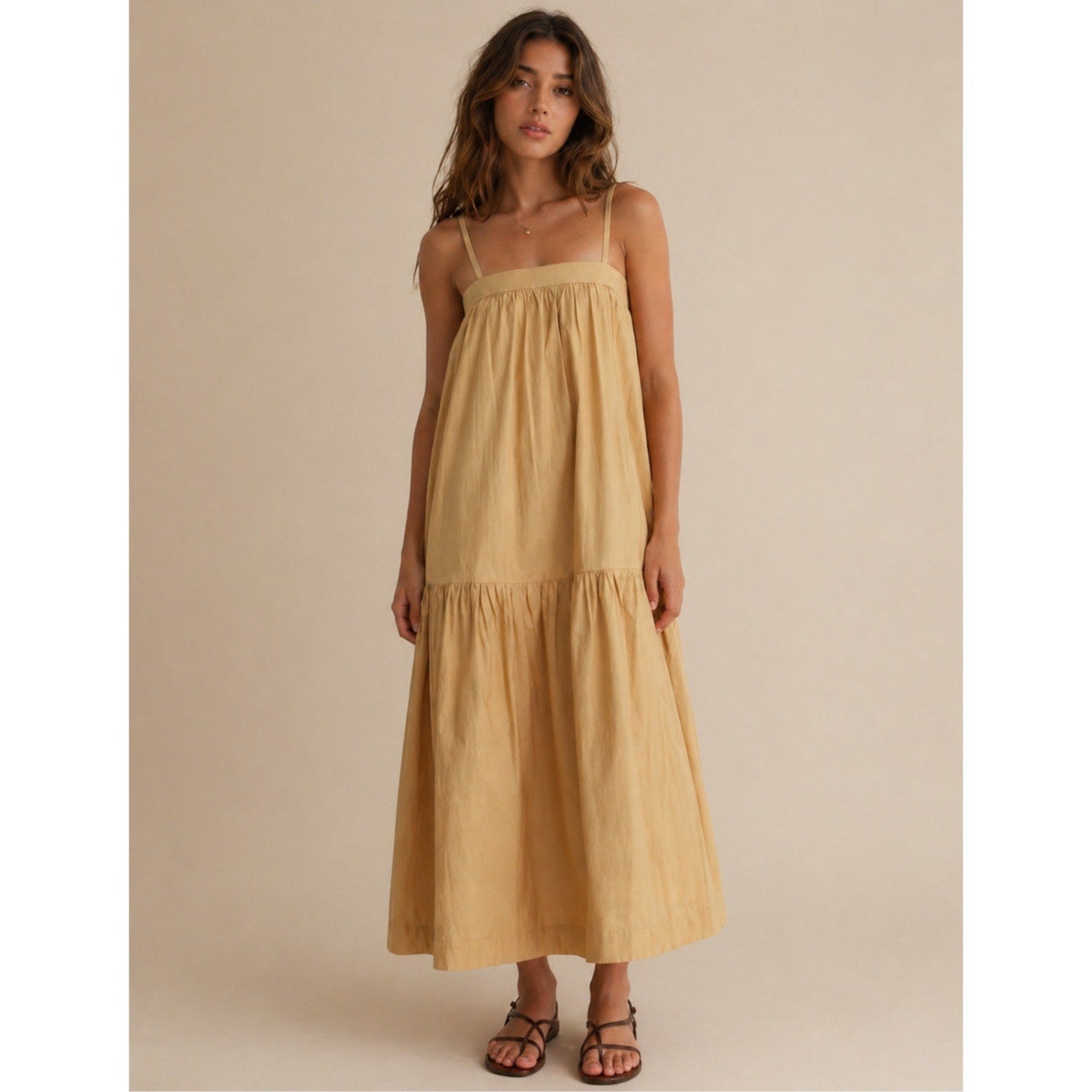 For Days Poplin Dress Womens M Khaki Sleeveless Tiered Midi Maxi NWT