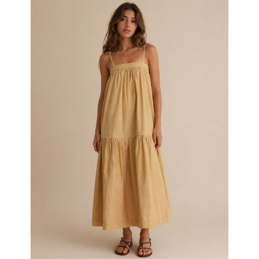For Days Poplin Dress Womens M Khaki Sleeveless Tiered Midi Maxi NWT