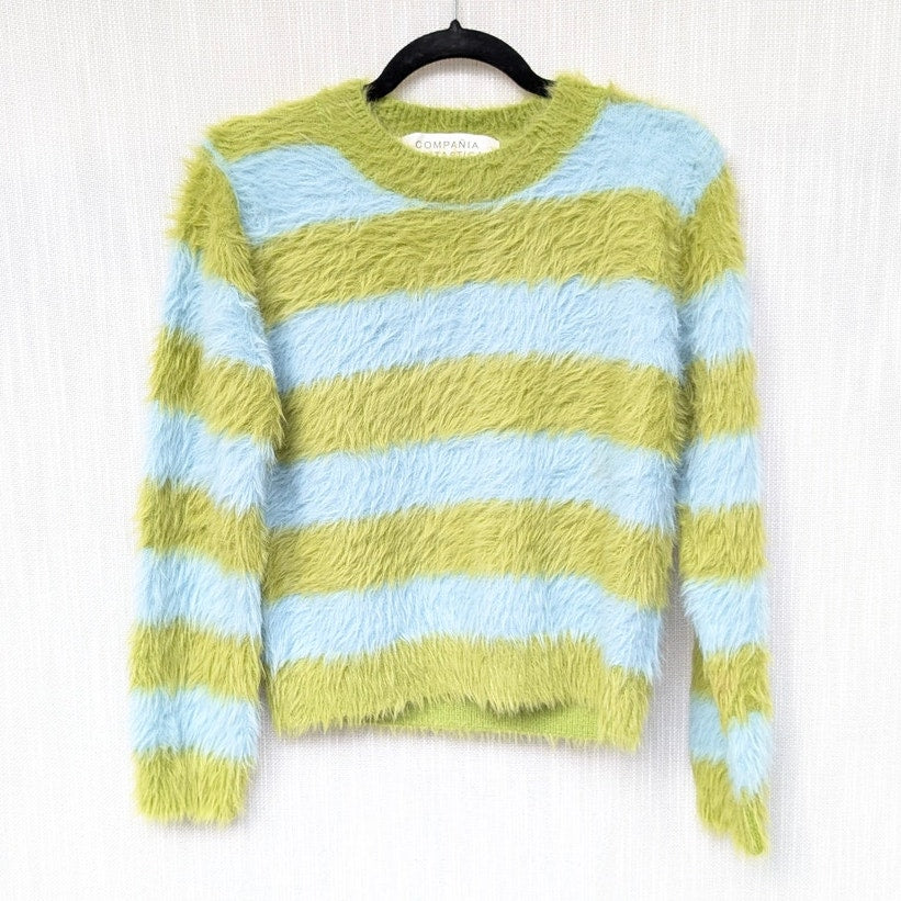 Compania Fantastica Fluffy Textured Knit Sweater in Green Striped Print, size S