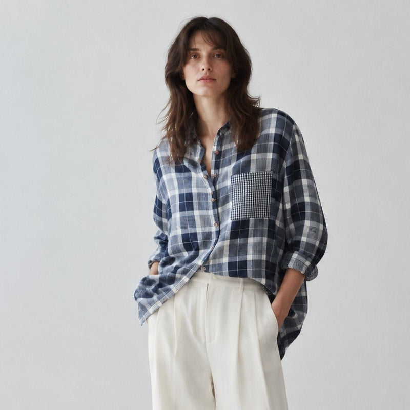 Anthropologie Pilcro Plaid White/Blue Oversized Shirt, Size XS/S