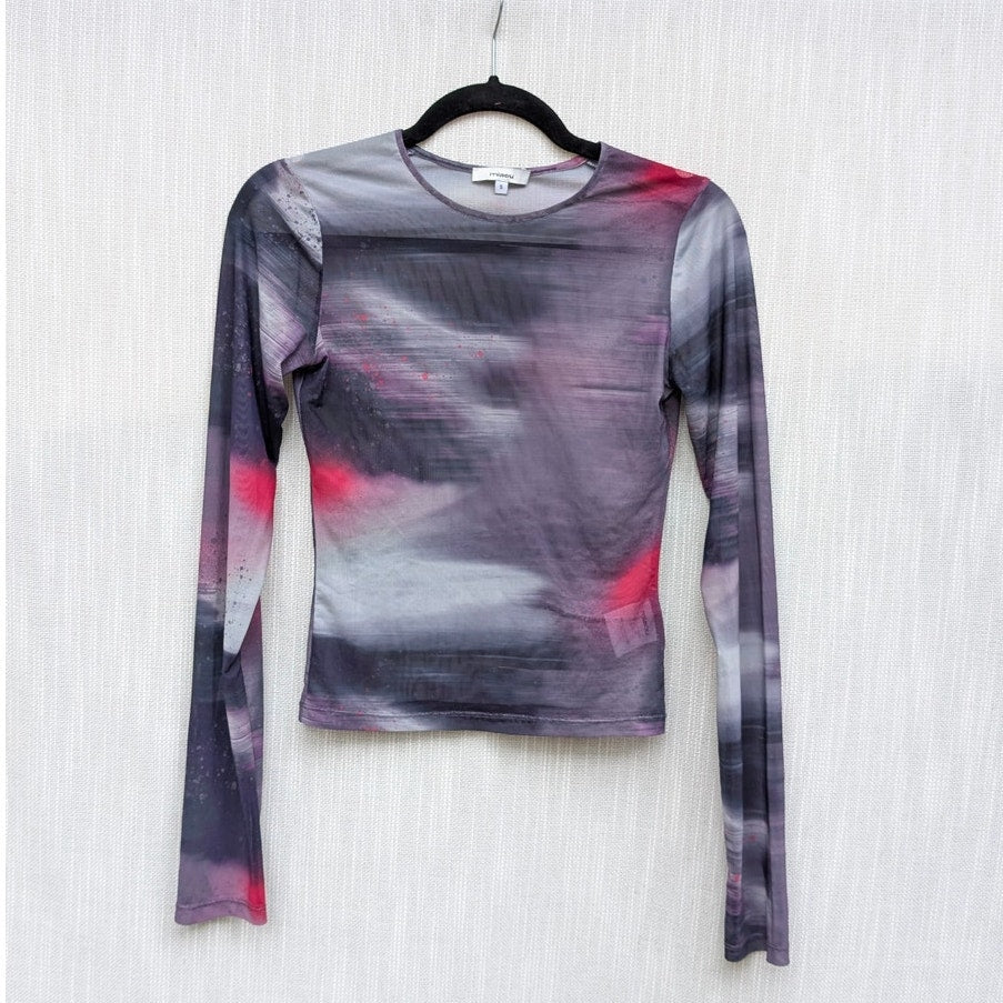 MIAOU Sheer Mesh Crewneck Long Sleeve Tee in Motion Pink, size S