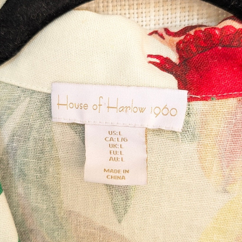 House of Harlow 1960 Dress Womens L Linen Blend Tropical Print Mini Shirt Dress