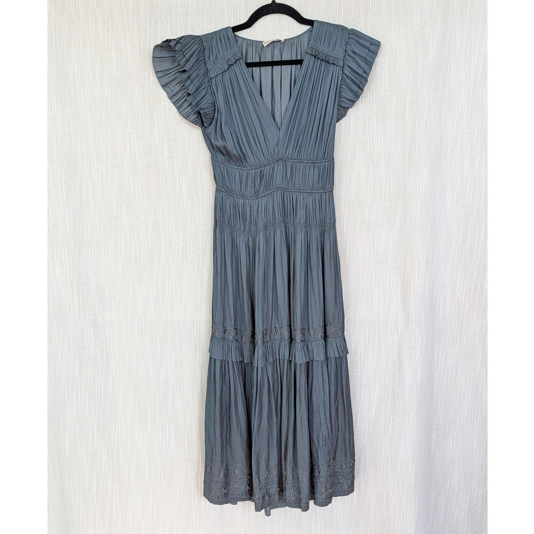 Ulla Johnson Claudia Midi Dress Womens 2 Slate Blue Pleated Tiered V-neck