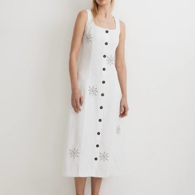 Madewell Button-Front Midi Dress in 100% Linen Womens 8 NL088 White Sleeveless
