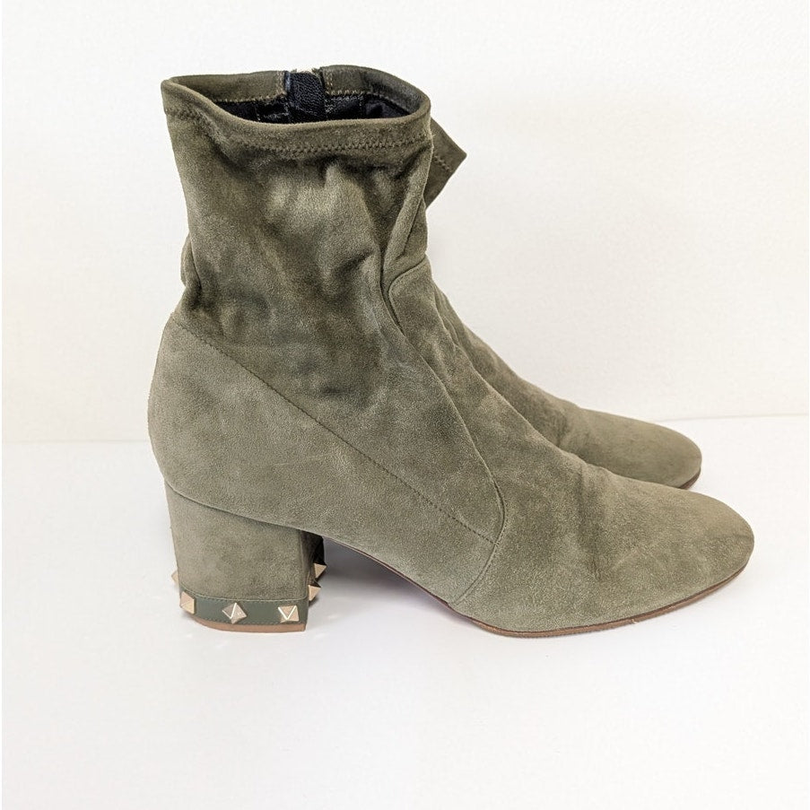 Valentino Garavani Rockstud Bootie Womens EU40/US 10 Green Khaki Suede Ankle