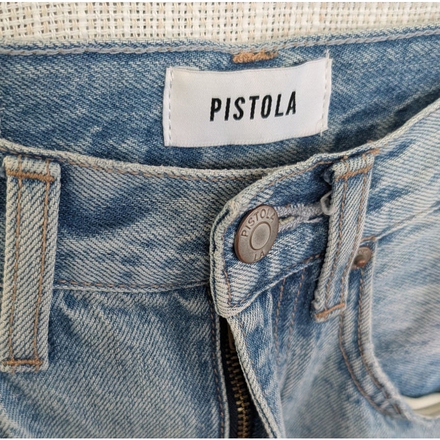 Pistola Alice Denim Midi Skirt Brooklyn Light Blue Front Slit Raw Hem Size 24