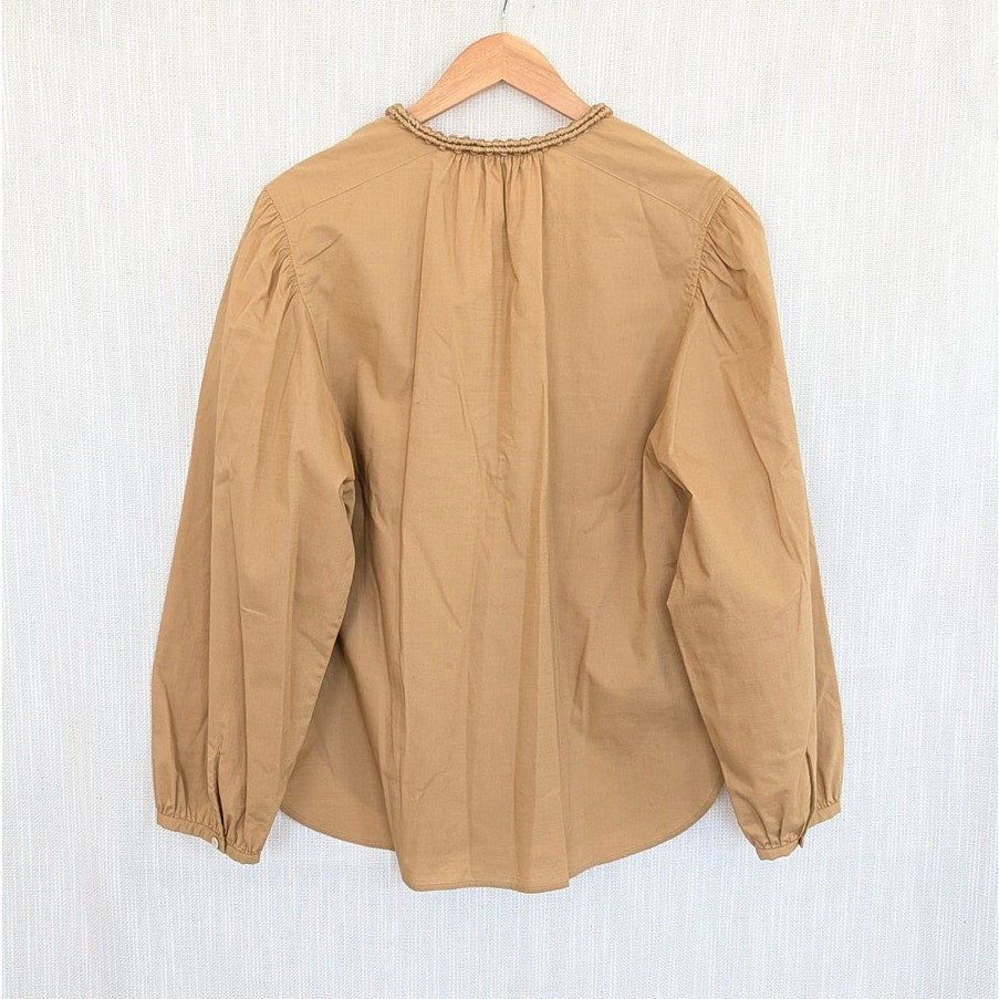 Vince Braided Trim Long-Sleeve Cotton Blouse in Jute Womens M Tan V-neck Top