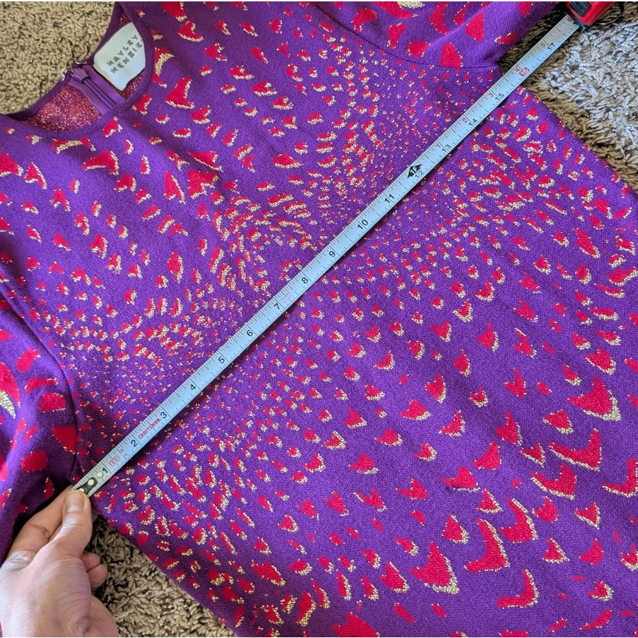 Hayley Menzies Purple Printed Long Sleeve Knit Mini Sweater Dress, size M