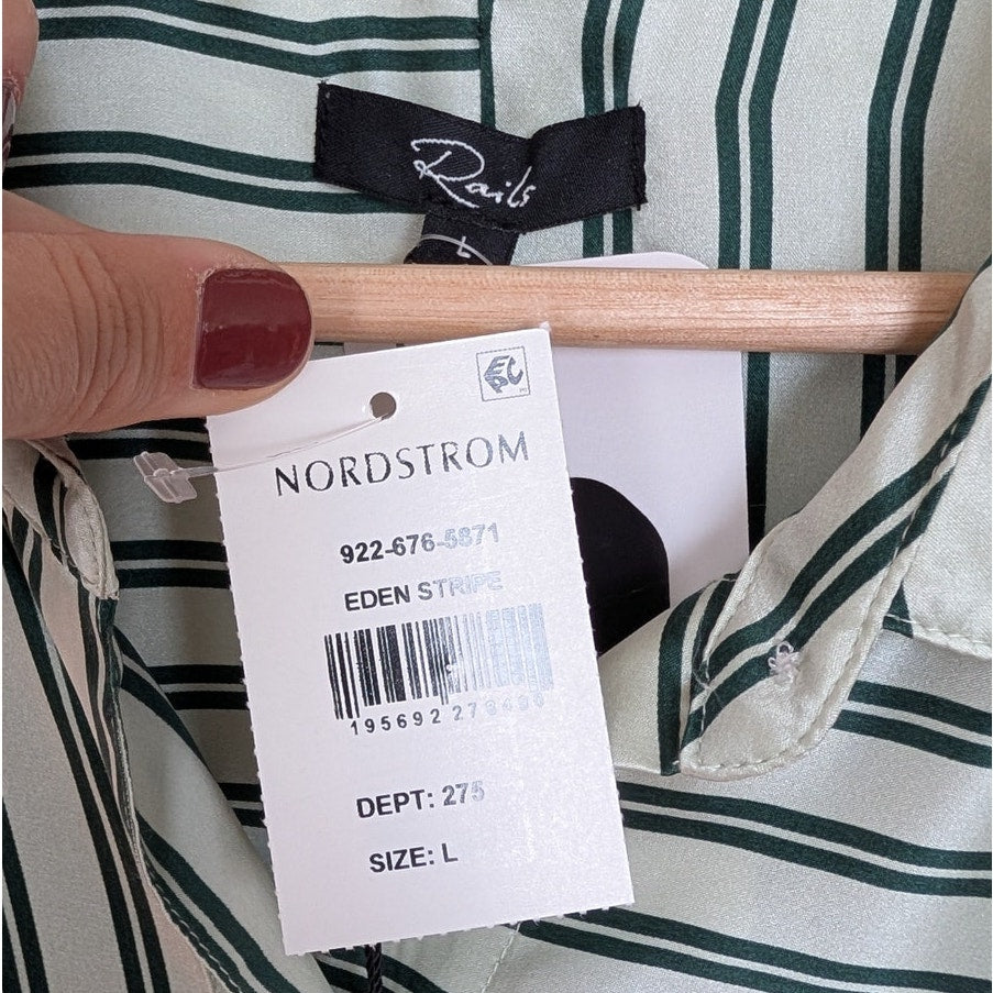 Rails Spencer Silk Blouse Shirt Womens L Green Striped Long Sleeve NWT