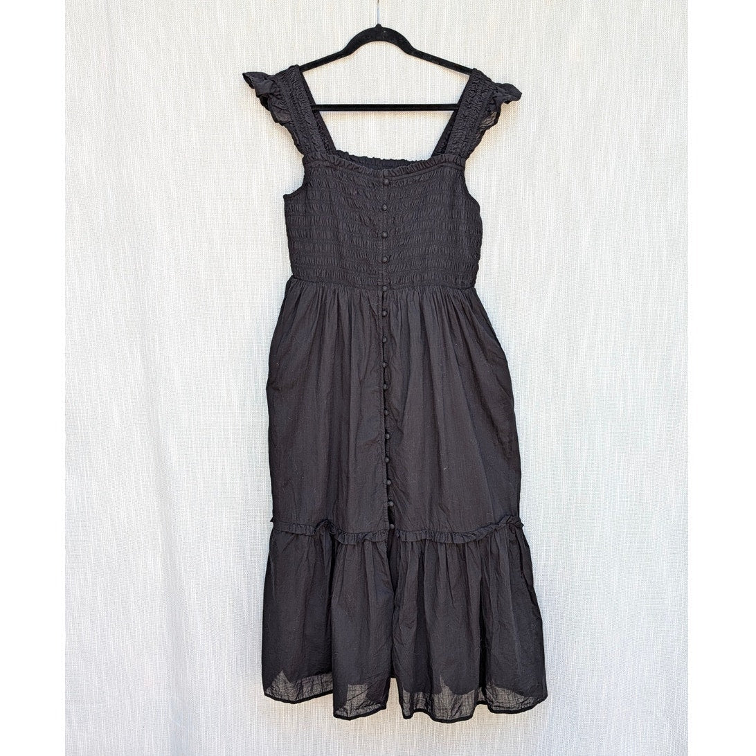 Anthropologie The Peregrine Square-Neck Midi Dress Womens L Black Smocked A-line