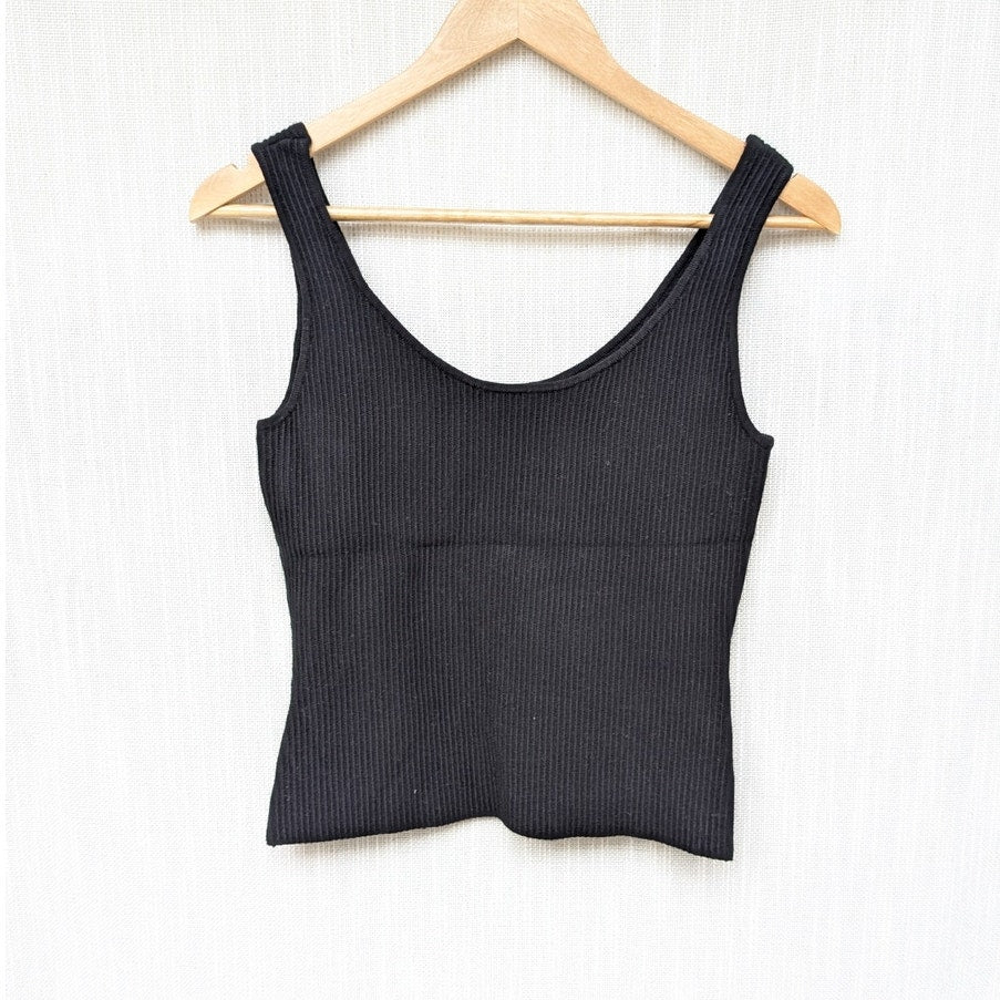 Aqua Black Knit Ribbed Slim Fit Sleeveless Sculpt Tank Top, size S