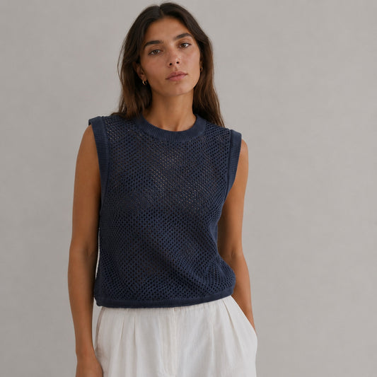 Rag&Bone Sleeveless Vest Top Womens XS Navy Cashmere/Cotton Open Knit