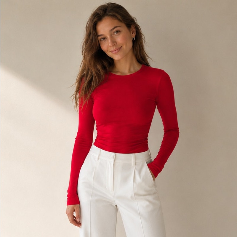 Zara Supima Long Sleeve T-shirt Top 0858/613/600 Womens S Red Round Neck