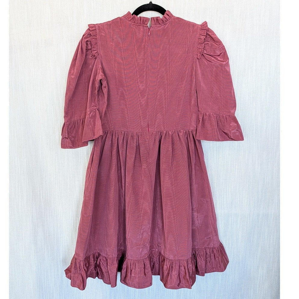Batsheva Short Prairie Mini Dress in Raspberry Moiré Womens 8 3/4 Sleeve Mock