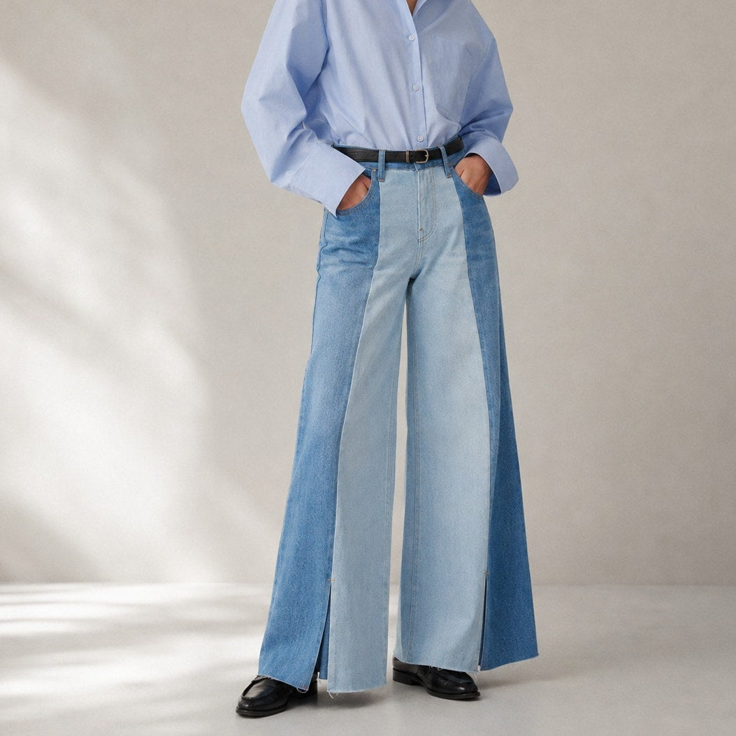 Frame Paneled Two-Tone Split-Hem Patchwork High-rise Wide-Leg Jeans Womens 27