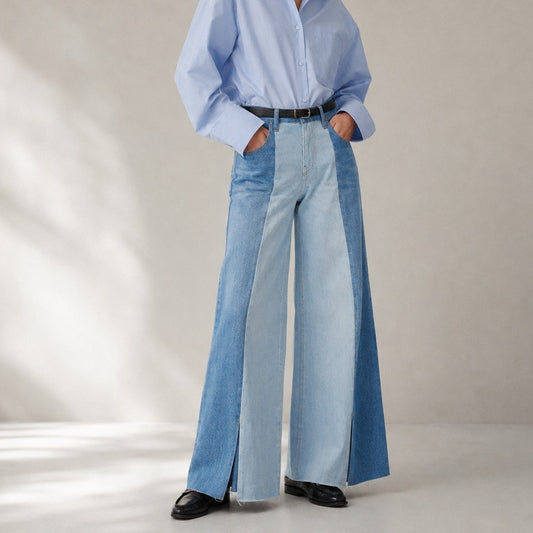 Frame Paneled Two-Tone Split-Hem Patchwork High-rise Wide-Leg Jeans Womens 27