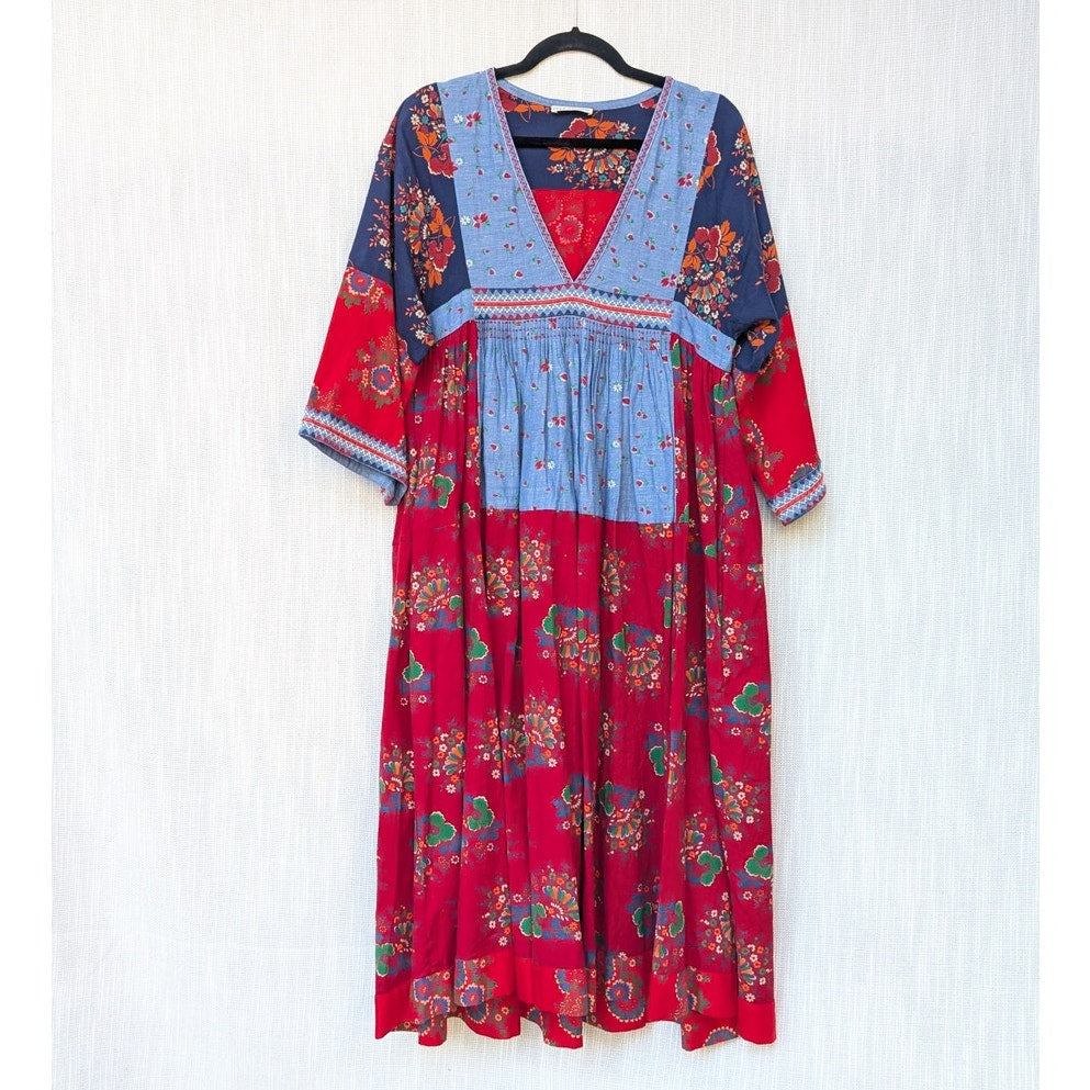 Ulla Johnson 2017 Milena Patchwork Cotton/Linen V-neck Midi Dress, size 6