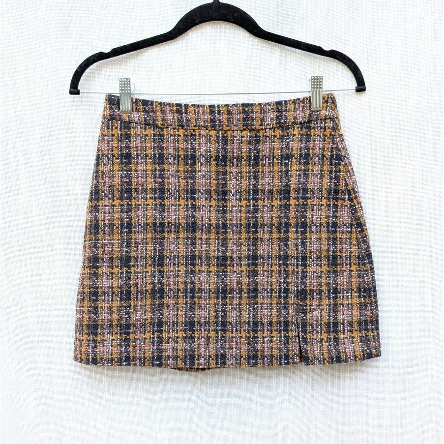 Greylin Skirt Womens XS Mini Black/Orange Tweed Plaid Straight NWT