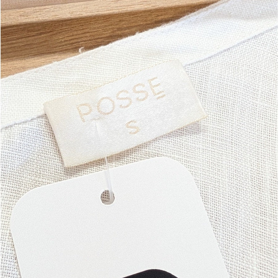 Posse Mia Linen Crop Top Womens S White Knot Detail V-neck Half Sleeve