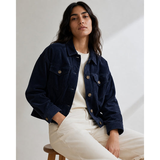 Anthropologie Sparkz Copenhagen Amanda Navy Blue Corduroy Cropped Jacket, size S