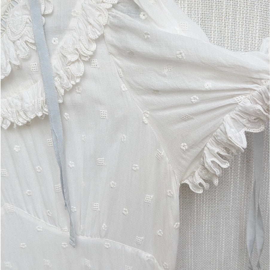 Dôen Doen Fiore Dress Womens L White Cotton Short Sleeve Romantic Ruffle Midi