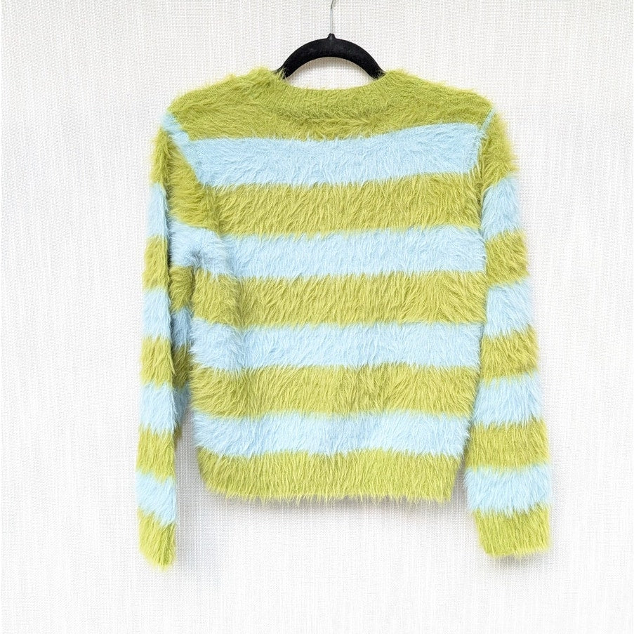 Compania Fantastica Fluffy Textured Knit Sweater in Green Striped Print, size S