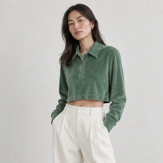 RE/DONE x Hanes Cropped Velour Long Sleeve Polo Top Basil Green Size M NWT