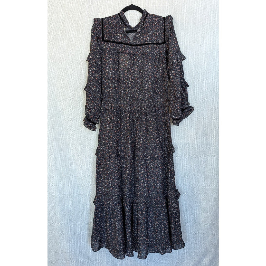 Dôen Clay Midi Dress in Black Marfa Paisley Womens L Tiered Long Sleeve NWT