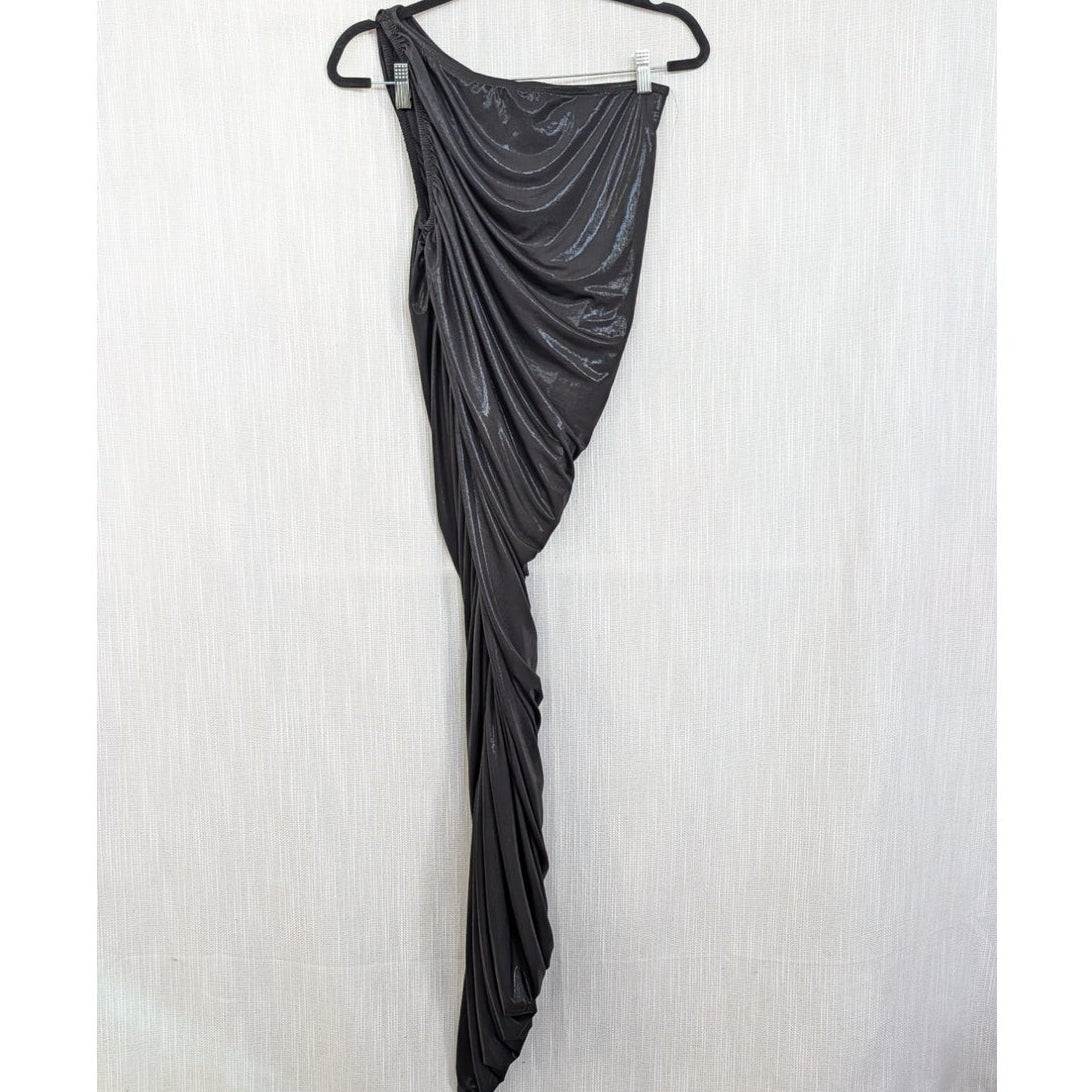 Norma Kamali Diana Gown Black Metallic One Shoulder Asymmetrical Midi Dress S/36