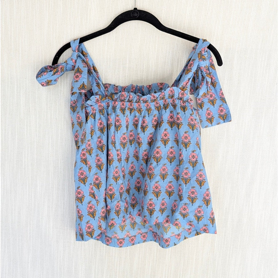 Marea Blue Floral Tie Shoulder Sleeveless Cotton Blouse Top, size XL