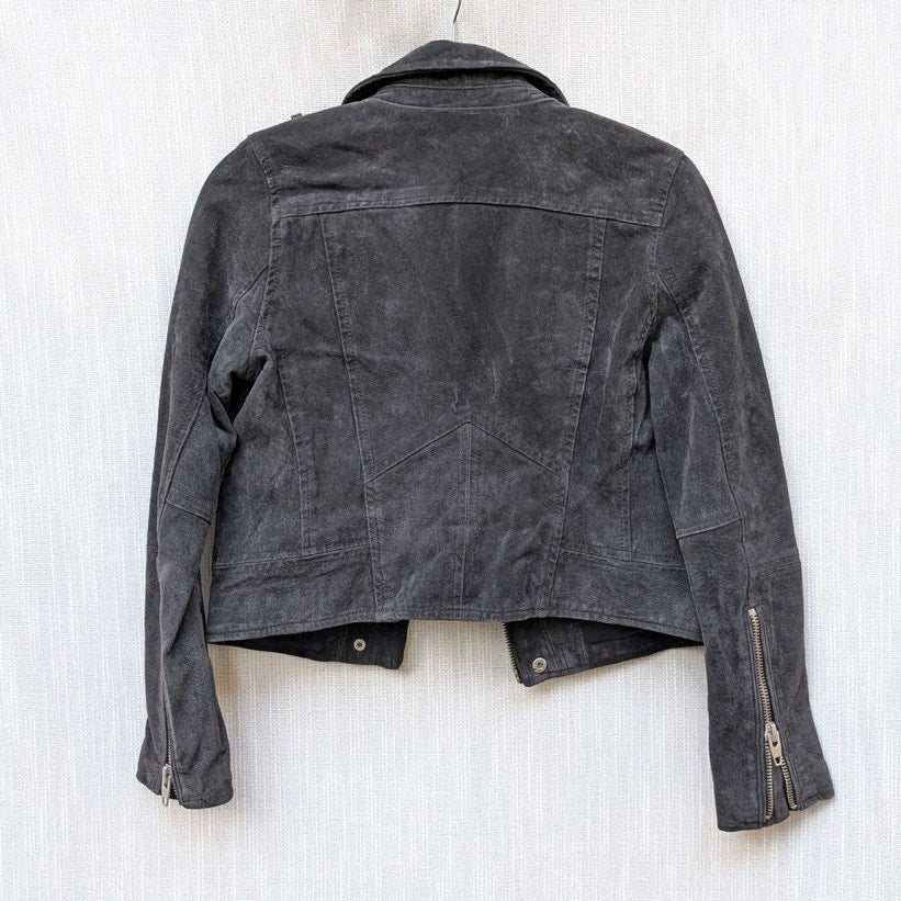 SL8 Blank NYC Gray Suede Leather Moto Biker Full Zip Long Sleeve Cropped Jacket, size XS
