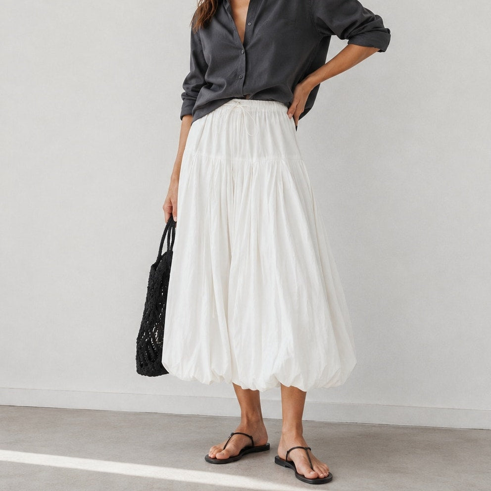 Chan Luu Million Pleats Bubble Skirt Womens 1/S White Cotton Drop Waist Midi