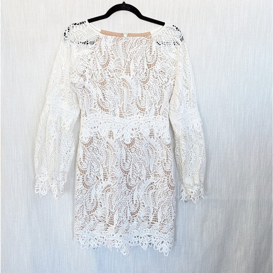 Elliatt Kate Dress Womens S White Floral Lace Semi-sheer Long Sleeve Mini