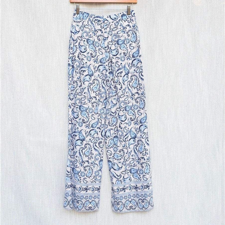 Zara Pants Womens XS BLue Floral Print Linen Blend High-rise Wide Leg Full