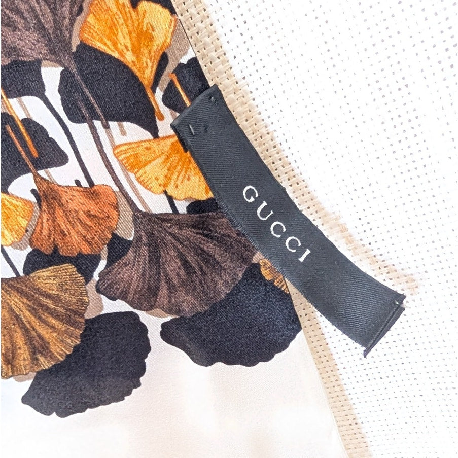 Gucci Authentic 100% Silk Scarf Ginkgo Leaf Print Ivory Brown Italy