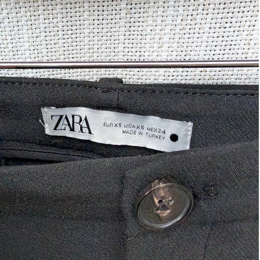 Zara Pants Womens XS Full Length Trousers Black Pleated Straight Leg Ankle Slit