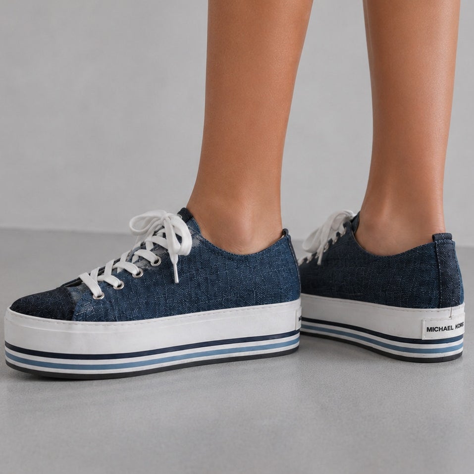 Michael Kors Ronnie Platform Sneaker Womens 9.5M Blue Denim Logo Lace Up Low Top