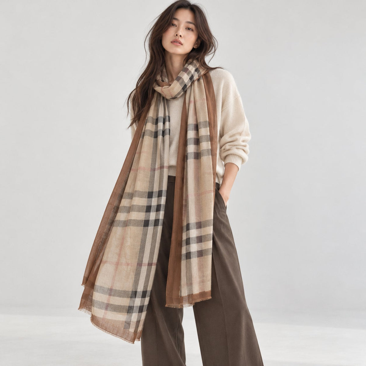 Burberry Brit Sheer Mega Check Cashmere Blend Scarf Brown Beige