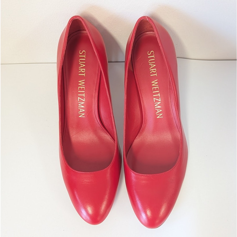 Stuart Weitzman Leather Pumps Womens 9.5B Red Round Toe Stable Heeled NWOT