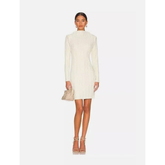 Anine Bing Off-White Buttercream Kira Mini Dress Pleated Long Sleeve Mock Neck