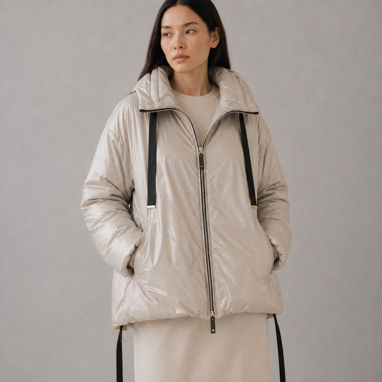 Max Mara Greenfe Oversized Down Jacket Womens 12 Ecru Cameluxe Straight Hooded