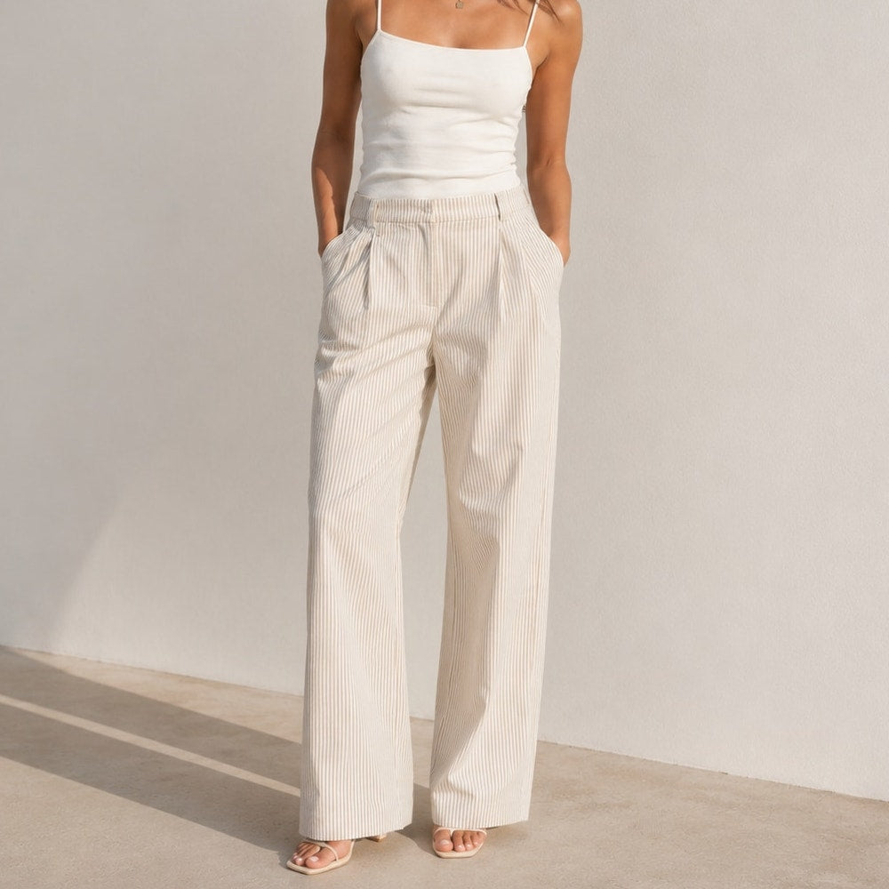 ASTR the Label Neha Pants Womens L Brown Striped High-rise Wide Leg NWT