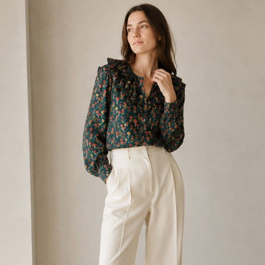J.Crew Collection Silk-Twill Ruffle Collar Top in Mushroom Floral AU261, size M