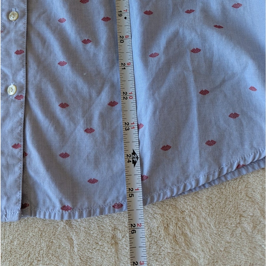Scotch & Soda Red Lips Print Blue Button-Down Long Sleeve Top Shirt, size 2