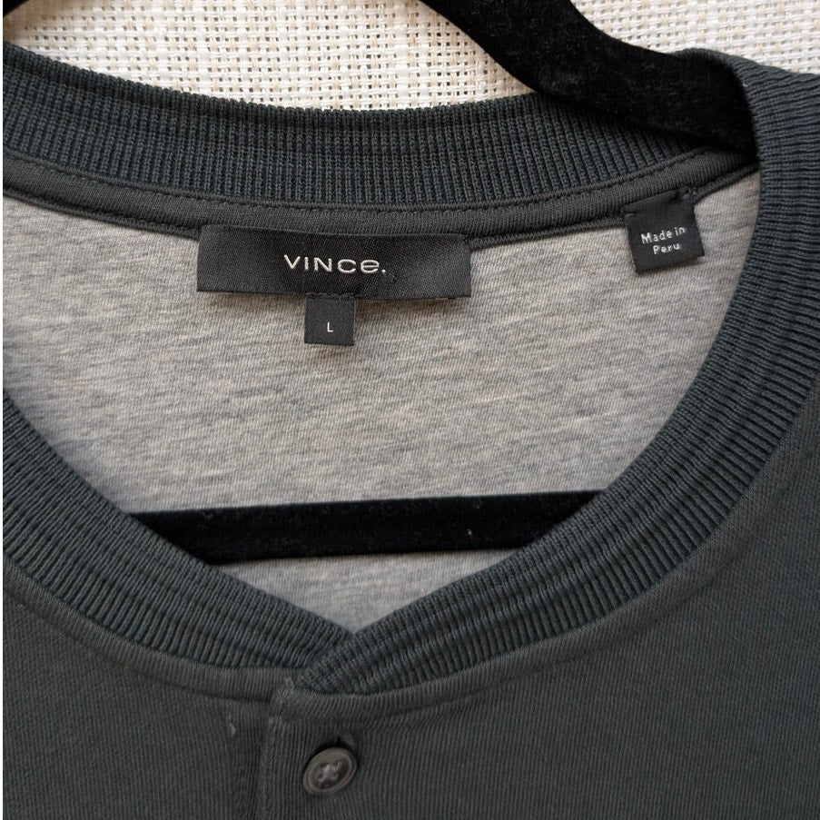 Vince. Dark Green Garment Dye Cotton Long-Sleeve Henley Shirt Top, size L