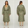 Carbon38 Long Quilted Trench Coat Jacket Women Sz S Olive Nylon Snap Front FA22