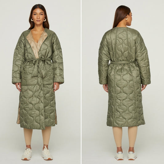 Carbon38 Long Quilted Trench Coat Jacket Women Sz S Olive Nylon Snap Front FA22