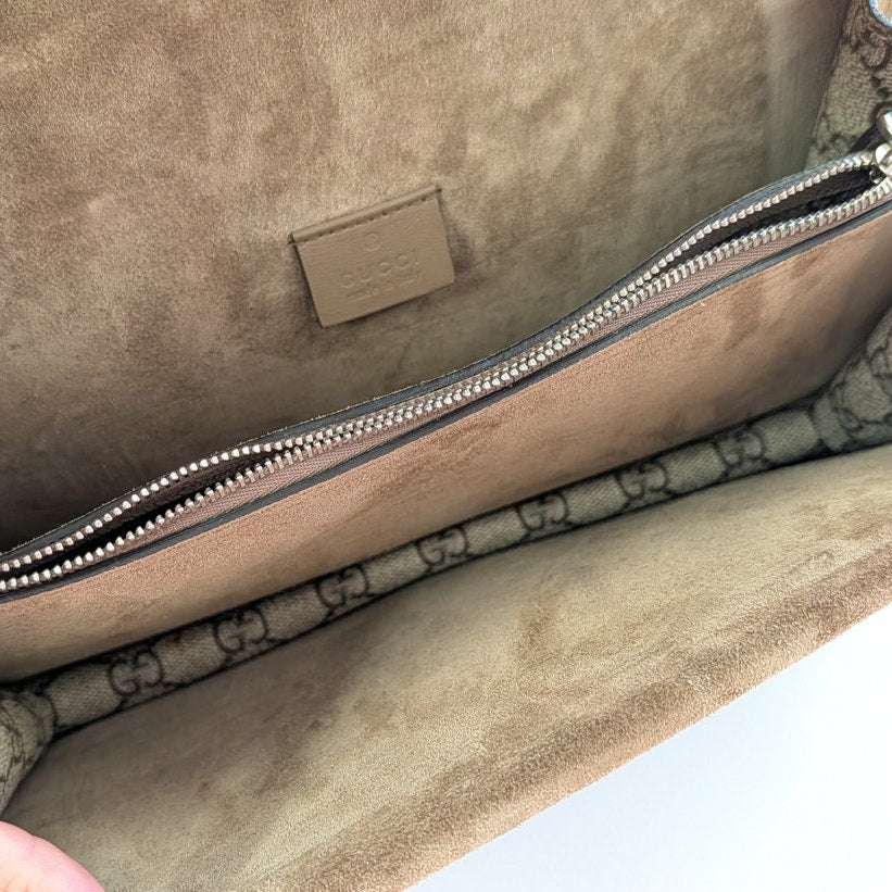 Gucci GG Dionysus Tiger Head  Canvas Shoulder Bag Womens Beige Logo Metal Chain