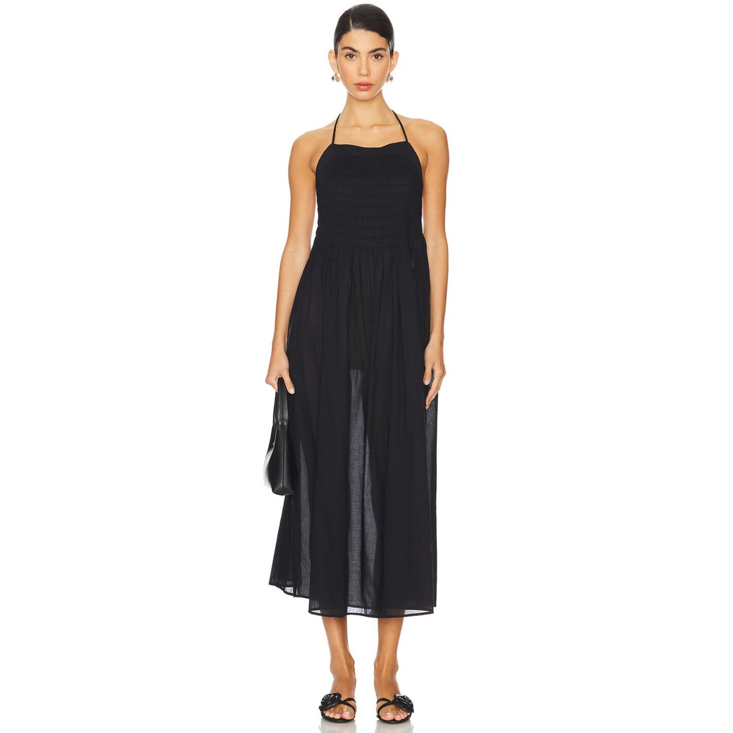 NWT AllSaints Iris Black Cotton Poplin Sleeveless Halter Neck Midi Dress, size 4